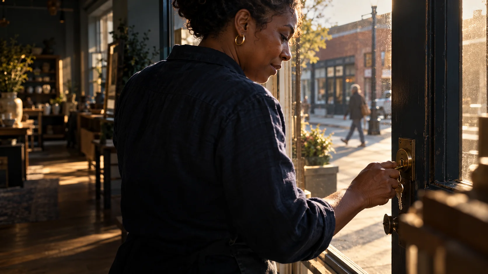 Staged scene of a neighborhood shop owner opening her door in morning light
